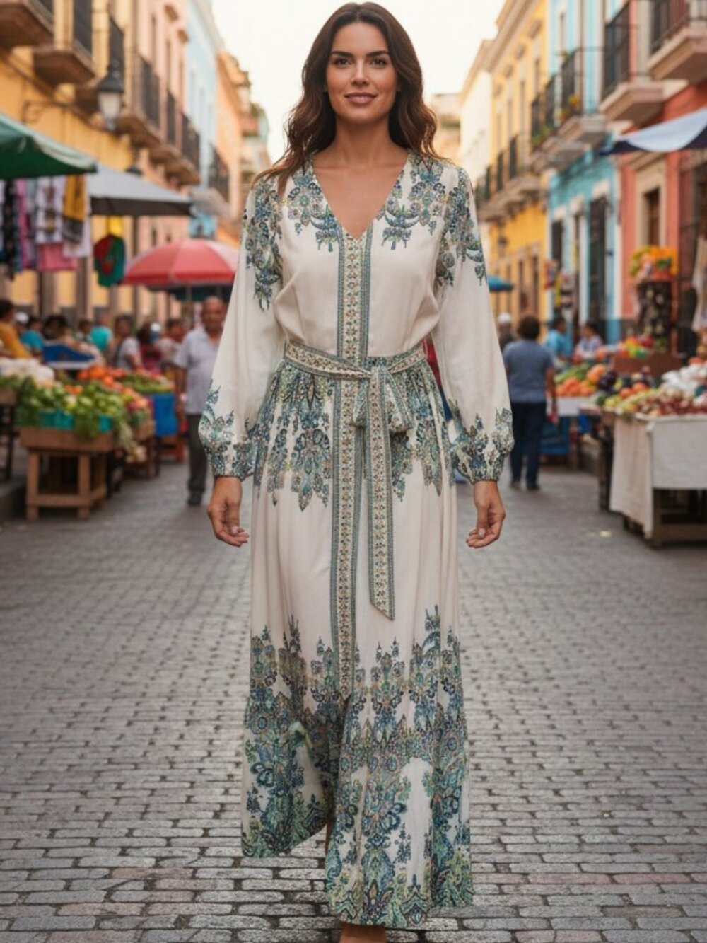 Venus Boho Paisley Balloon Sleeve V-Neck Tie Waist Maxi Dress White Teal Sz 10